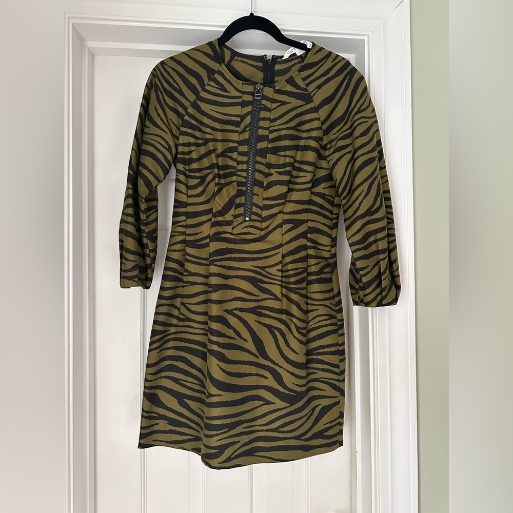 Veronica Beard Olive / Black Zebra Print Mini Dress — Cotton / Silk Blend 4